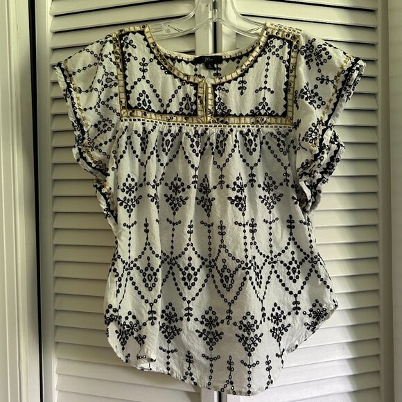 J Crew Embroidered Eyelet Flutter Top Blouse Shirt White Black Gold Small - Picture 2 of 9